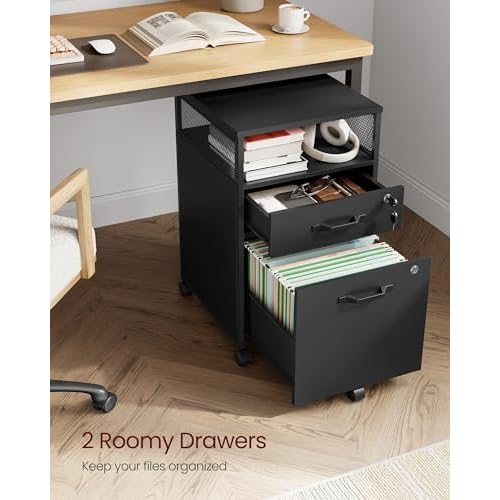 VASAGLE File Cabinet, Mobile Filing Cabinet with Wheels, 2 Lockable Drawers, Open Shelf, for A4, Letter Size, Hanging File Folders, Ink Black UOFC077B16