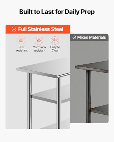 VEVOR 24x48 Stainless Steel Work Table – Heavy Duty Food Prep Table with 2 Shelves