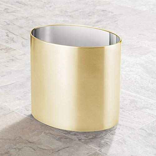 mDesign Stainless Steel Metal Oval Trash Can, 7.9 Liter/2.09 Gallon Wastebasket, Garbage Basket Bin for Bathroom, Bedroom, Kitchen, Home Office, Holds Waste and Recycle, Mirri Collection, Soft Brass