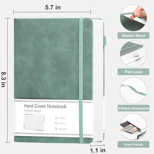 Leather A5 Green Journal Notebook with Pen Loop & Pockets - Women's Men’s Diary