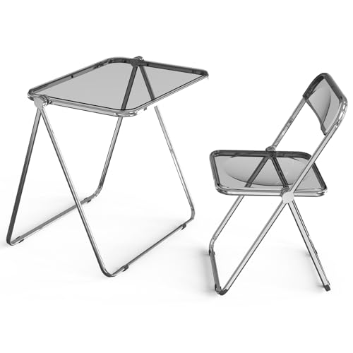 VINGLI Grey Folding Acrylic TV Tray Table—Small Space Desk with 360° Bracket