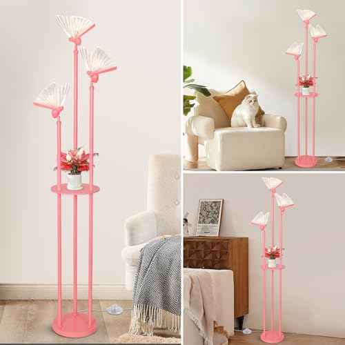 Butterfly Lamp, Pink Floor Lamp with Shelves, 3 Lights Modern Standing Lamps with Table, Acrylic Adjustable LED Butterfly Lights, On/Off Switch, Corner Tall Lamps for Living Room Girls Bedroom