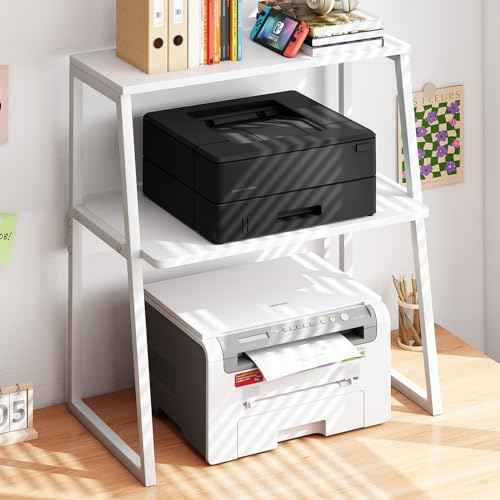 Printer Stand for Desk, Desktop Printer Shelf, 3 Tier Desk Shelf for top of Desk, Large Printer Stands Office Organization Shelves for Home Office Printer Fax Book, White