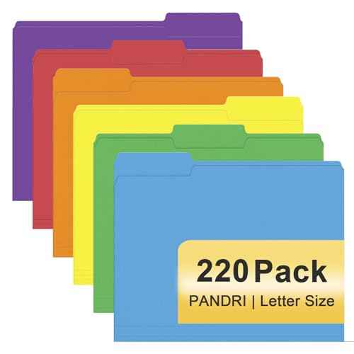 File Folder, PANDRI 220 Pack Colored File Folder, 1/3 Cut Tabs, Letter Size, Assorted 6 Colors Filing Folder for Office School Business