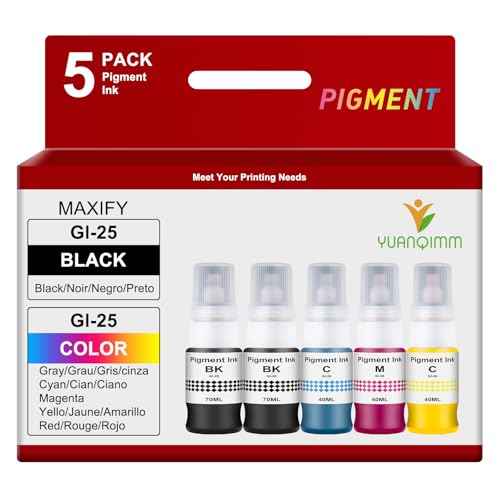 GI-25 Pigment Refill Bottles Ink Compatible for Canon 25 GI25 GI-25 Ink Refill Bottles GI-25BK for Canon MAXIFY GX1020 GX2020 MegaTank Printer 260ml (5 Pack,2 Black,1 Cyan,1 Magenta,1 Yellow)