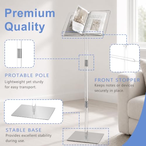 Koretech Clear Acrylic Podium Stand with Metal Base, 48in Tall, 16x12in Top - Lectern for Classroom & Events