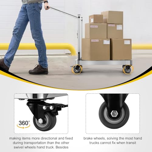 Folding Stainless Steel Hand Truck, Adjustable Handle Utility Cart with 4 Wheels & 2 Lashing Straps for Moving, Travel, Shopping, Office Use, Gardening,500 LB Heavy Duty Luggage Cart