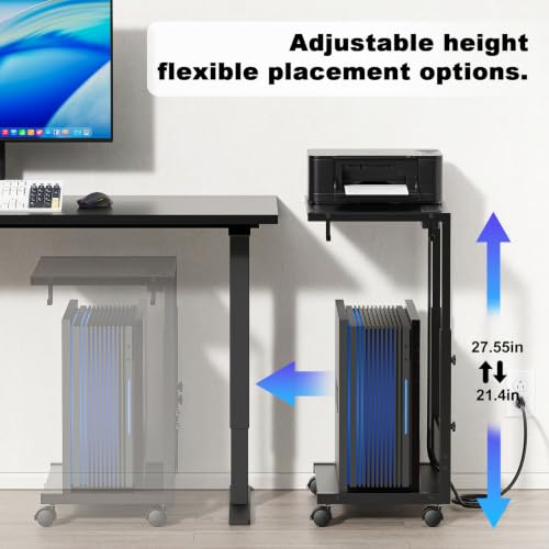 Smoproper Height-Adjustable Computer Tower Stand with Power Outlets (Black) – 2 Outlets, USB & Type-C