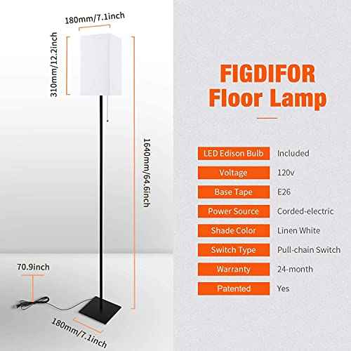 Floor Lamp for Living Room, Modern Standing Lamp for Bedroom with Linen Shade, Black Corner Floor Lamp for Office Kids Room, Bulb Included