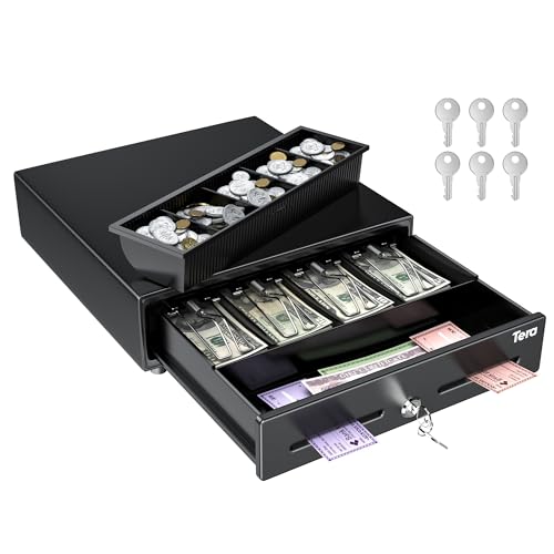 Tera 13" Cash Register Drawer for Point of Sale POS System with 4 Bill 5 Coin Cash Tray 6 Keys Auto Open Removable Coin Compartment Key-Lock 24V RJ12 Interface Media Slot for Small Business 330G