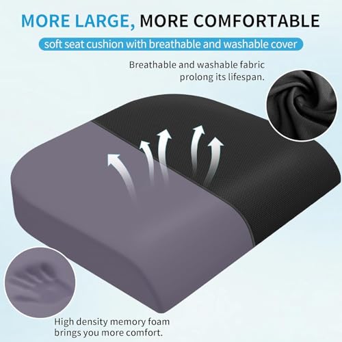 Large Seat Cushion, Memory Foam Cushion for Long Sitting Hours on Office Chair, Home & Car, Non-Slip Chair Pad for Back, Sciatica, Hip, Coccyx Pain Relief & Post-Surgery Recovery (Black)