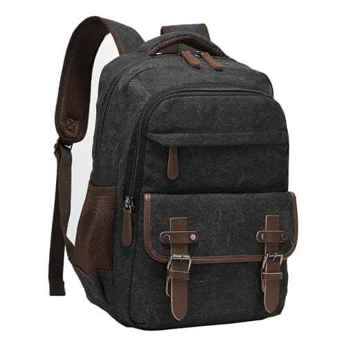 Canvas Laptop Backpack with USB Charging Port, Vintage Daypack for Men Women, Black Travel Work Rucksack College Computer Bag Bookbag Fits 15.6 Inch Lapop, Black