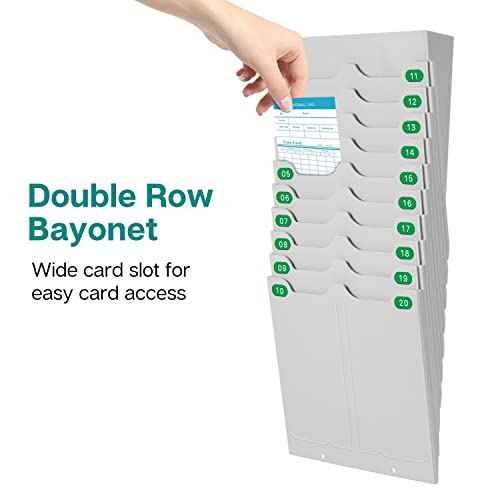 Flexzion Time Card Holder Wall Mount Expandable Time Clock Rack Double Row 20 Slot Rack Card Holder for 7 x 3.46-Inch Timesheets for Attendance Payroll Employee Assignment in Out Timecard Rack, Gray