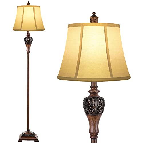 Sucolite Vintage Floor Lamp for Living Room, Traditional Farmhouse Tall Standing Lamp, Mid-Century Antique Pole Lamp for Bedroom Reading with White Fabric Shade, Rustic Bright Lighting Home Decor
