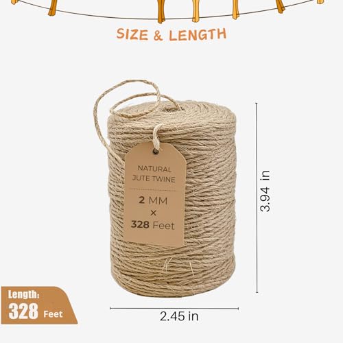 2mm Jute Twine, 328ft — Natural Burlap String for Gardening, Craft & Packaging