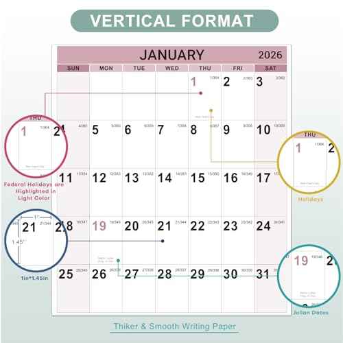 2026 Yearly Wall Calendar - Jan. 2026 to Dec.2026, Calendar 2026, 34.4" x 22.8" (Open), Yearly Wall Calendar 2026 with Round Sticks, Thick Paper, Vertical