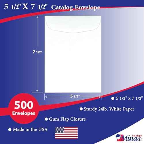 500 Minas Envelope 5 1/2" x 7 1/2" Catalog Envelope (Open End), Sturdy 24lb. White, Strong Gum Flap, 500 Envelopes