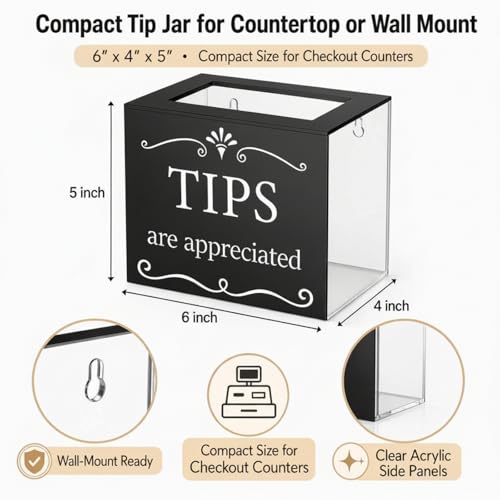 Vesici Black Acrylic Tip Jar with Lid - Wall-Mounted or Counter Use, Standard Lid