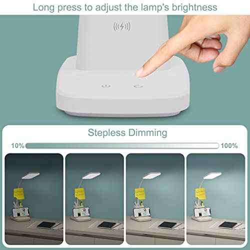 Sailstar Upgraded LED Desk Lamp with Wireless Charger, White Small Desk Light with Pen Holder, 3 Color Modes, CRI 85, 800 Lumen, Study Lamps for College Dorm Room, Home Office, Adapter Included