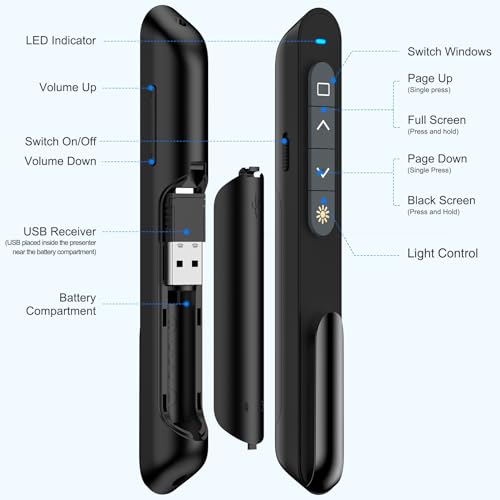 DinoFire Black USB-C Wireless Presentation Remote Clicker with Red Pointer for Mac & PC