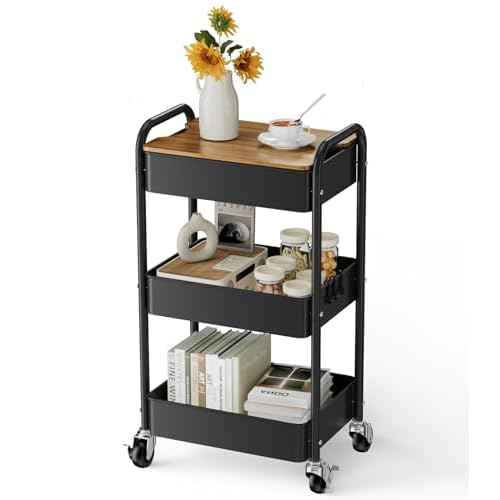 3 Tier Rolling Cart with Table top, Metal Utility Cart, Sturdy Storage Organizer Cart with Locking Wheels & Hooks for Office, Classroom, Kitchen and Bathroom