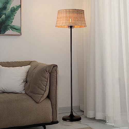 Rattan Industrial Floor Standing Lighting with Pedal Black Cord Wicker Lampshade E26 Lamps Fixture Lights for Bedroom Living Room Reading Room Studio
