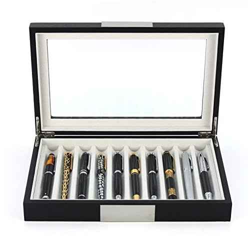 TIMELYBUYS 10 Piece Black Ebony Wood Pen Display Case Storage and Fountain Pen Collector Large Organizer Box with Glass Window Display Case