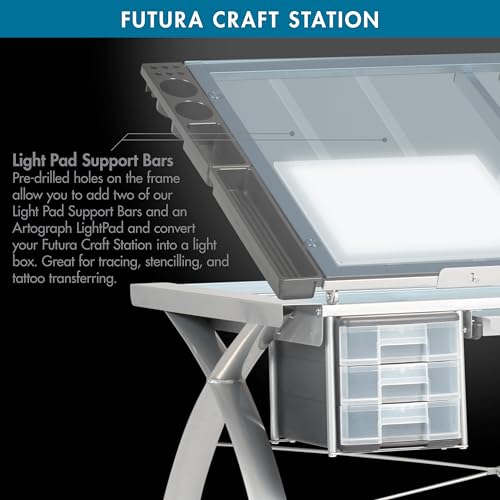 SD STUDIO DESIGNS Futura Crafting, Drafting, Drawing Table with Adjustable Top, Silver/Blue Glass