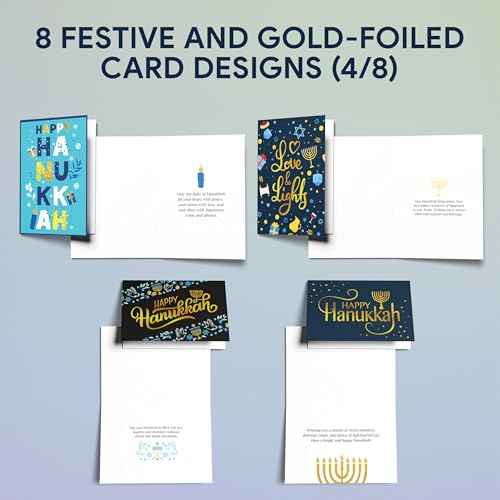 Decorably 16 Pack Gold-Foiled and Glittery 5x7in Happy Hanukkah Cards with Envelopes and Stickers - 8 Elegant Designs Assorted Hanukkah Card with Printed Message Inside