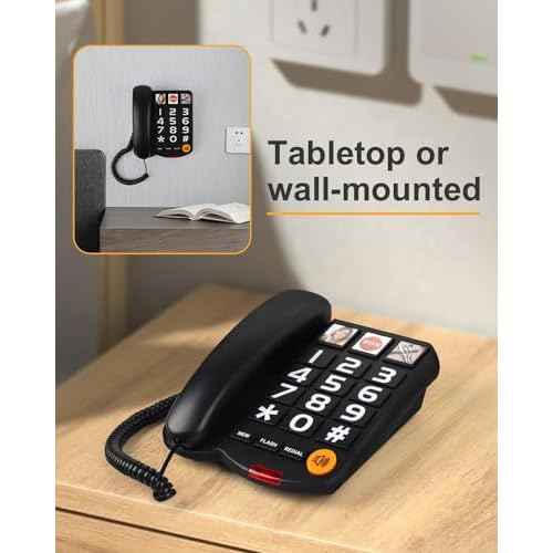 Big Button Phone for Seniors, Landline Telephone for Home with Picture, Durable Hand-Free Phone with LED Call Alert, Adjustable Volume and 3 One-Touch Dialing for Elderly, Black