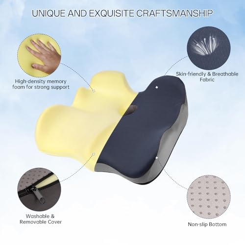 Seat Cushion, X-Large Memory Foam Office Chair Cushion, for Pressure Relief Sciatica & Pain Relief for Long Sitting Hours on Office/Home Chair, Car (Blue)
