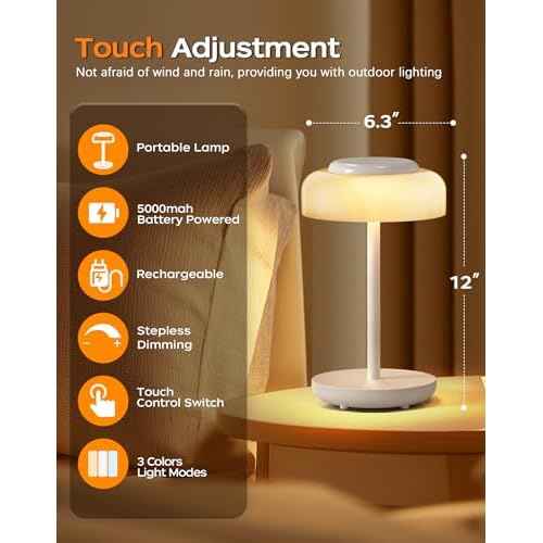 QiMH Battery Operated LED Table Lamp, 5000mAh Rechargeable Cordless Lamp, Stepless Dimmable Touch Control, Small Waterproof Desk Night Light for Living Room, Bedroom, Outdoor Bar (White)