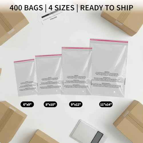 MFLABEL 400-Count Poly Bag Combo Pack (6x9,8x10,9x12,11x14) | Safety-Sealed Clear Plastic Bags with 3-Language Warnings + Hanging Holes | Industrial Strength Shipping Supplies
