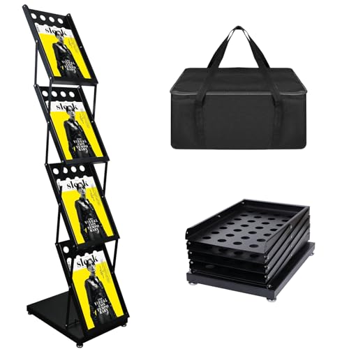 4 Pocket Folding Metal Black Literature Rack with Case Brochure Stand for Trade Show Exhibition Office Retail
