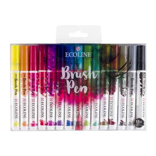 Ecoline Brush Pen Set of 15 Liquid Watercolor Pens ? Basic Colors | Blendable Brush Markers for Hand Lettering, Drawing, & Crafts