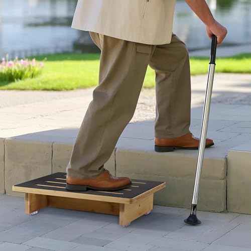 Step Stool for Adults, 3.5" Bed Step for High Beds, Non-Slip Stepping Stool with Load Capacity of 440 lbs, Wooden Step Stool for Seniors, Kids, Bedside, Shower, Kitchen Use, Beech Wood/Black