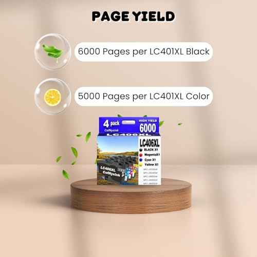 LC406XL LC406 Ink Cartridges Compatible for Brother Printer for Brother MFC-J4335DW MFC-J4535DW MFC-J4335DW MFC-J5855DW MFC-J6555DW MFC-J6955DW 4 Pack (Black Cyan Magenta Yellow)