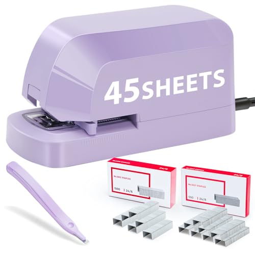 SYLCXX Electric Stapler for Desk – 45-Sheet Capacity, Purple Value Pack (Includes Staples & Remover) with AC Adapter