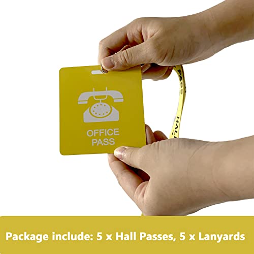 Yellow Office Hall Pass Lanyards with Card Passes, Set of 5 - Unbreakable Classroom Passes for Teachers & Staff