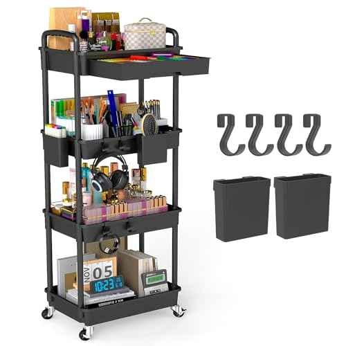 4 Tier Rolling Utility Cart with Drawer, Plastic Storage Organizer Rolling Carts with Wheels Handles Hanging Cups Hooks for Office, Bathroom, Kitchen,Craft Art Room (Black)