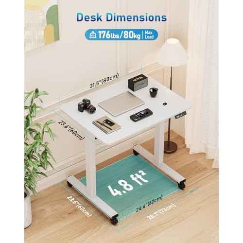 Small Height Adjustable Electric Standing Desk, 31.5" x 23.6" Sit Stand up Desk with Splice Board, Ergonomic Rising Computer Home Office Desk Table with Memory Preset, White Frame/White Top