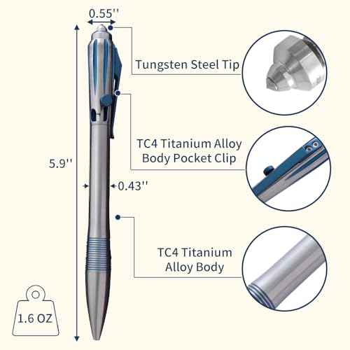 Cool Hand 5.91'' Titanium Alloy Bolt Action Pens, Ballpoint Ink Refillable, Office Business Writing Pens, Deep Pocket Clip,with a Refill, Blue
