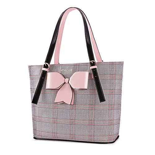 MOSISO Laptop Bag for Women Compatible with MacBook, 17-17.3 inch Notebook and Chromebook, PU Leather Large Capacity Travel Briefcase with Bowknot Grid MO-GID001GYPK