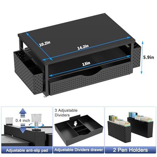 Spacrea Black Computer Monitor Stand with Drawer & Pen Holders - Space Saving Desk Organizer