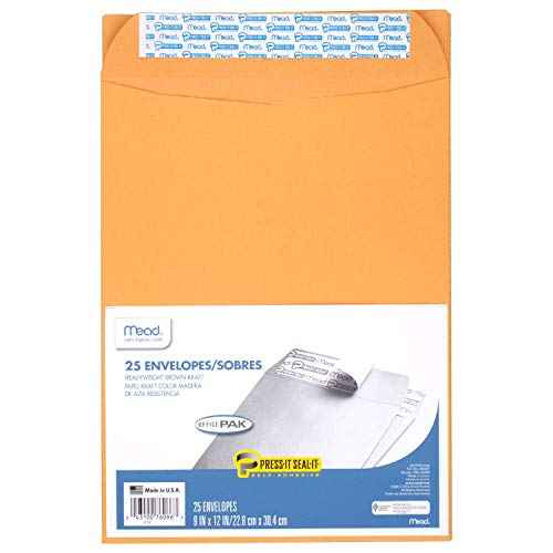 Mead Envelopes, Letter Size 9" x 12", Press-It Seal-It Self Adhesive Closure, Brown Kraft All-Purpose 24-lb Paper, Manila Mailing Envelopes, 25 Count (76086)