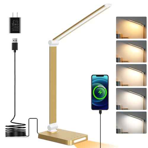 LED Desk Lamp with USB Ports,Touch Desk Lamps for Home Office with 5 Color Modes,3 Brightness Desk Light with Small Night Light,Reading Lamp Table Lamp for Bedroom Bedside Study Gold £¨with Adapter£©