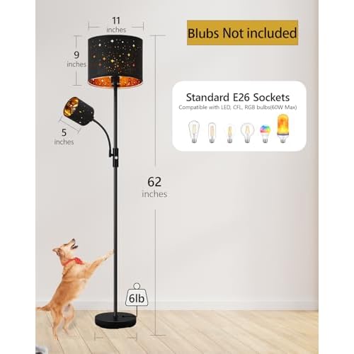 Floor Lamp Black, Reading Standing Lamps for Living Room, 62" Tall Torchiere Lamp for Kids Room, 3-Way Switch, Star-Gold Lampshade, Modern Goth Decor for Bedroom/Office, Bulbs Not Included(E26 Base)