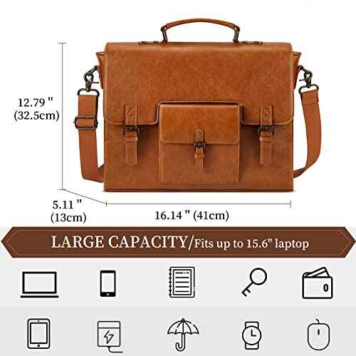 Leather Messenger Bag for Men 15.6 Inch Waterproof Vintage Leather Laptop Briefcase Large Satchel Shoulder Bag Office Travel College Computer Laptop Bag, Brown