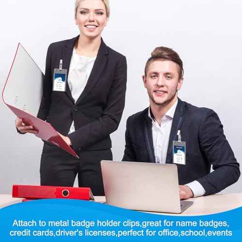 Marspark 200 Sets ID Badge Holder with Metal Badge Clips and PVC Straps Waterproof Sealed Clear Plastic Vertical Name Tag Holder for Name Tag Work Card Drive License Clips Office Car