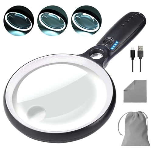 GABORISH Large Magnifying Glass with 37 LED Light, 10X 20X 45X, No Case, White & Black